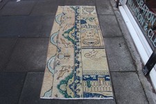 Vintage Fragment Main Fabriqué Traditionnel Oriental Laine Beige Bleu Chemin