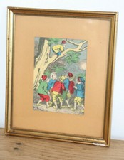  ANCIENNE GRAVURE COLORÉE ,GROUPE D'ENFANTS VETEMENTS & SABOTS ANCIENS