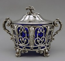 Magnifique Ancien sucrier argent massif et cristal bleu Fray, Martial 1849/1861
