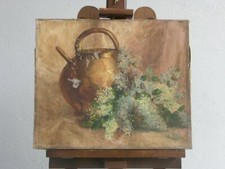 théière et fleurs huile sur toile nature morte non signée