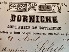 [ SERRURERIE SERRURIER BORNICHE A PARIS BELLEVILLE ] FACTURE EN TÊTE  1861