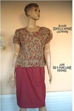 JUPE  BORDEAUX 100 % PURE LAINE + BLOUSE IMPRIME CACHEMIRE NEUVE T 40/42