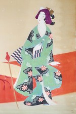 Kakémono sur soie Japonais XIX-XX Repos d'une Geisha tenant une fleur