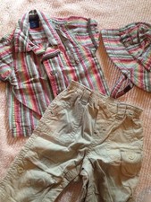 BOYS BABY GAP Khaki Pants SHIRT OUTFIT SZ 3-6 Months Rainbow Striped Hat Summer