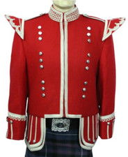 Écossais Rouge Doublet Kilt Veste - Militaire Piper Drummer Argent Tressé Veste