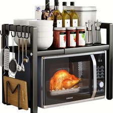 Étagère Micro-ondes 2 Niveaux Réglable – Support de Cuisine avec Crochets &...