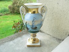 ancien vase de style empire en porcelaine à décor de bateau et maison XIX