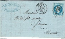 YT N° 29 Empire dentelé 20c Bleu sur LAC de LE GUA à JARNAC 17-1-1868