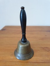 Ancienne clochette d'école vintage en bois noir et laiton massif 6x13 cm