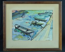  Tableau ancien marine  bateaux au port  gr. de L'échelle Paris J. L. Calmettes 