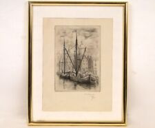 Gravure Bateaux Port Hollande Jean Frelaut 20e