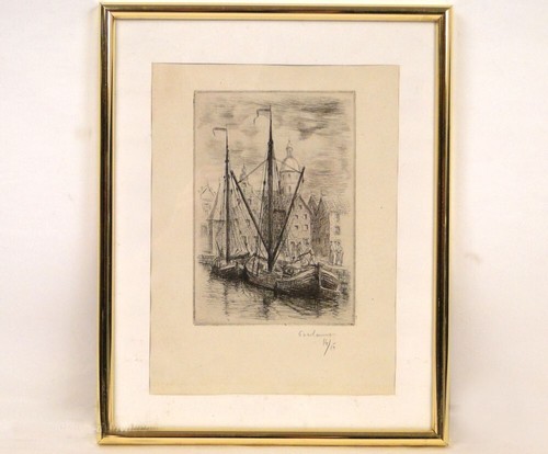 Gravure bateaux port hollande - gravure,