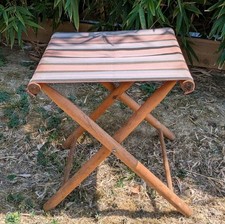 Tabouret de Camping Vintage, Toile Rayée Colorée et Bois, Solide, Vintage 