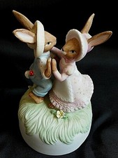  Enesco Vntg Ceramic Dancing Farmer Rabbits Music Box Great Condition RARE!