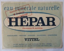 Ancienne Etiquette Papier Bouteille d'eau de VITTEL "Hépar", Vintage, 90 cl, TB