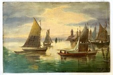 Ancien tableau XIX marine mer bateau Bretagne scène port animé breton peinture