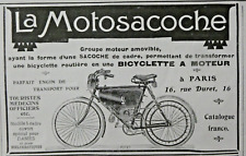 PUBLICITÉ DE PRESSE 1908 LA MOTOSACOCHE BICYCLETTE ROUTIERE A MOTEUR
