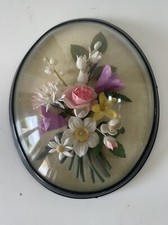 CADRE OVALE VINTAGE FLEURS TISSU ROSE VERRE BOMBÉ RÉTRO 