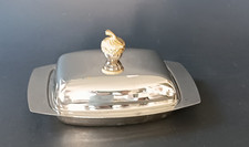 **BEURRIER EN METAL ARGENTE VINTAGE CONTENANT EN VERRE POIGNEE GLAND