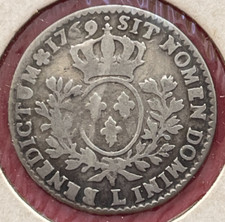 Belle monnaie argent Louis XV, 1/5 d'écu au bandeau 1769 L. Etat TB-/TB