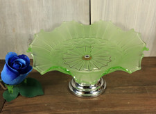 Ancien Coupe en Verre Ouraline Vert Pied Chromé Centre de Table Art Déco c1930