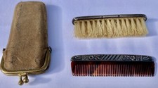Peigne et brosse à moustache Argent massif ancien  Nécessaire Voyage étui cuir