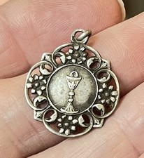 Antique French Sterling Silver Medal First Communion Eucharist Pendant Gift
