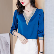 Femme Satin Faux Soie Chemisier Brodé Manches Longues Slim Haut Col V Uni