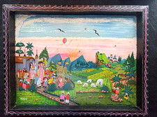 Tableau naïf d'Equateur, huile sur peau de mouton, signé, 45x35cm