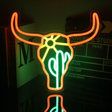 Bull Cactus Sun Neon Sign Texas Longhorn Bull Neon Lights for Bedroom Western La