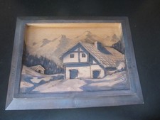 TABLEAU DÉCOR SCULPTE RELIEF CHALET MONTAGNE SAPIN RUISSEAU SIGNE RAUGEL