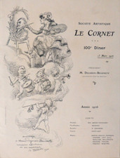 Menu du 100e diner de LE CORNET 1906 illustré par  Adolphe WILLETTE (1857-1926)
