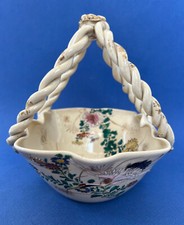 Panier Vide poche 1900 céramique du Japon, grue et fleur de lotus émaillée