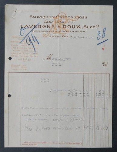 Facture 1941 angouleme - 1941,