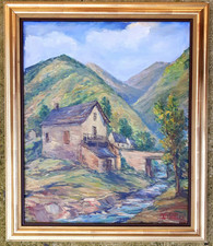 Tableau Signé Encadré-Huile Sur Toile-Paysage De Montagne