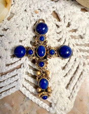 Pendentif croix ancienne verre Pékin bleu plaqué or filigrane  christianisme