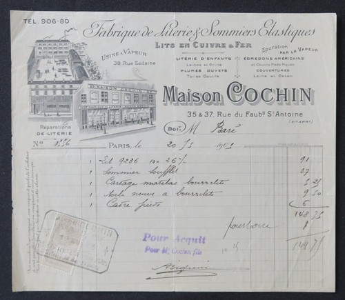Facture 1903 paris literie - paris,