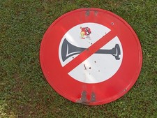 ANCIEN PANNEAU EMAILLEE  ROUTIER INTERDIT KLAXON DIAMETRE 70 CM