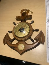Superbe Baromètre marin bois forme ancre + thermomètre vintage déco marine barom