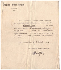 GRENOBLE (38) USINE de TURBINES "NEYRET & BEYLIER" Attestation travail en 1934