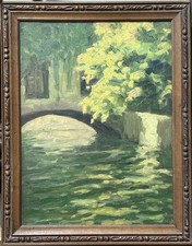 Original Antique Oil Painting on Hardwood, Landscape, Bridge, Sunlight, Framed