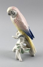 9941186 Porcelaine Figurine Perruche Rose Jaune Oiseaux Ens H17cm