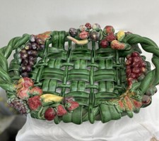 French Vallauris Pottery Bowl Heny stamped Woven Fruit Green Coil Oval Basket