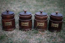 Série 4 pots anciens en bois cuisine farine sucre Kitchenalia Shabby Chic 