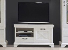Meuble TV Bas "Kashmir" 123Cm Pin Blanc Style Campagne