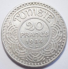 TUNISIE : RARE 20 FRANCS ARGENT 1934 (9.500 exemplaires seulement !!!)