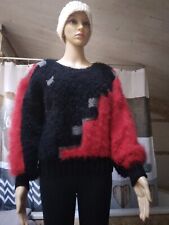 Magnifique  pull angora laine Rouge Noir tricoté main ANNY BLATT  taille 40 com9