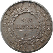 FRANCE : Ecu de 6 Livres Convention 1793 A (Qualité)