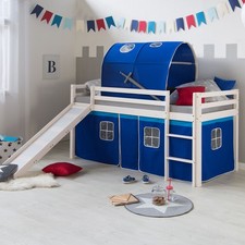 Lit mezzanine enfant 90x200 toboggan blanc bois rideau tunnel bleu Homestyle4u