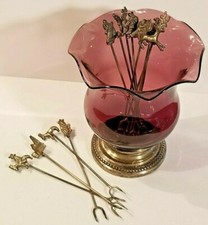 Purple Glass Sterling (12) 850 Silver Cocktail Hors d'oeuvre Forks Olive Picks  